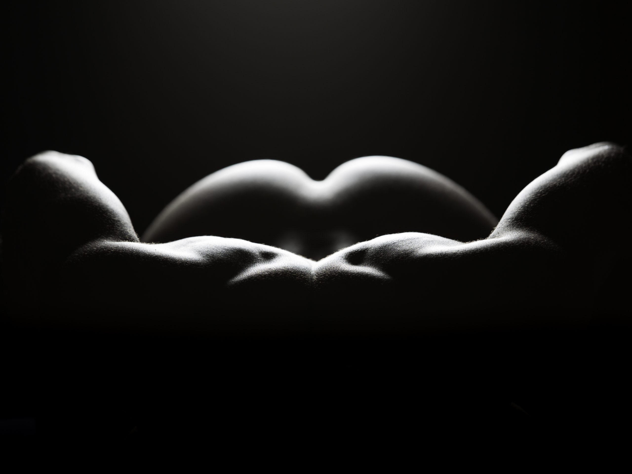 The curve of a woman's figure is highlighted by dramatic lighting in this bodyscape black and white photograph.