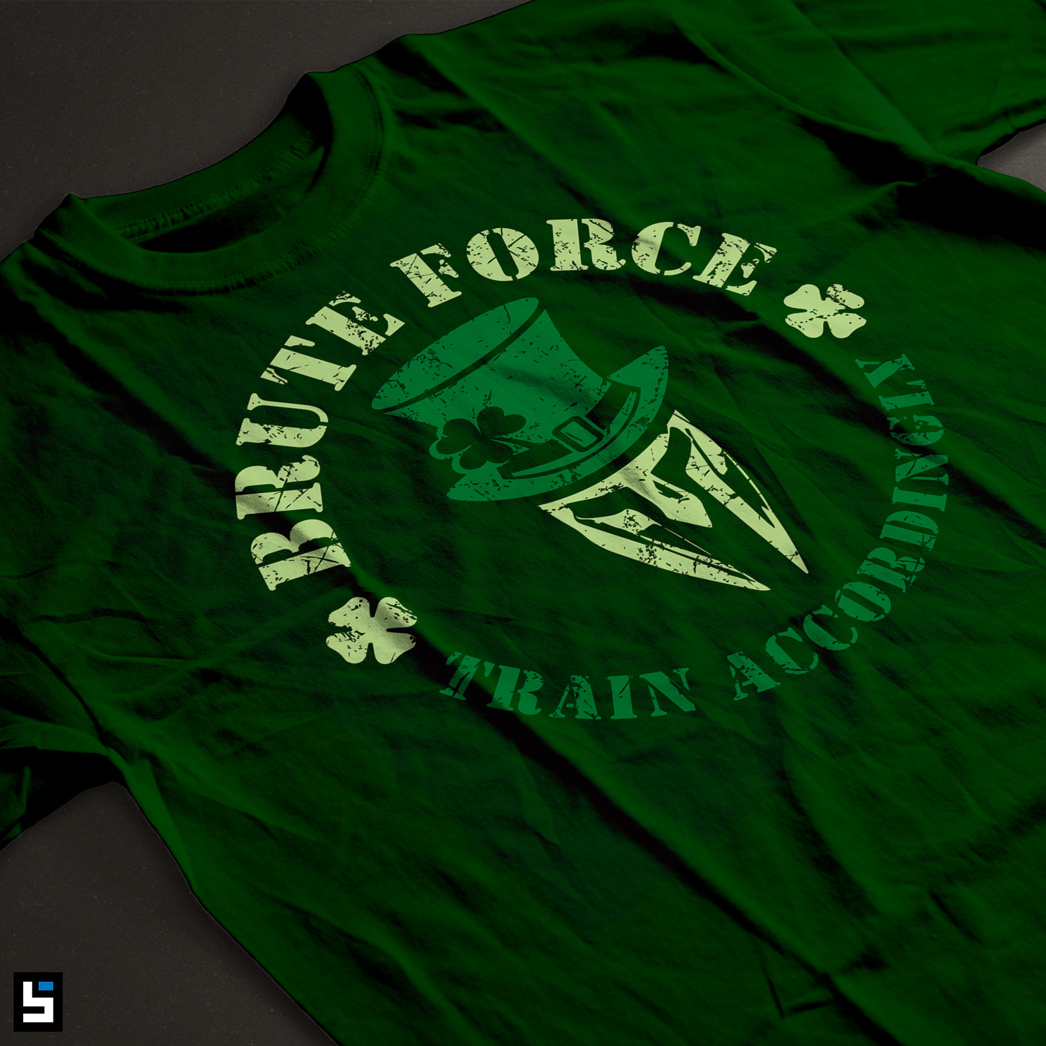 Green shirt with ‘Brute Force’ and clover design