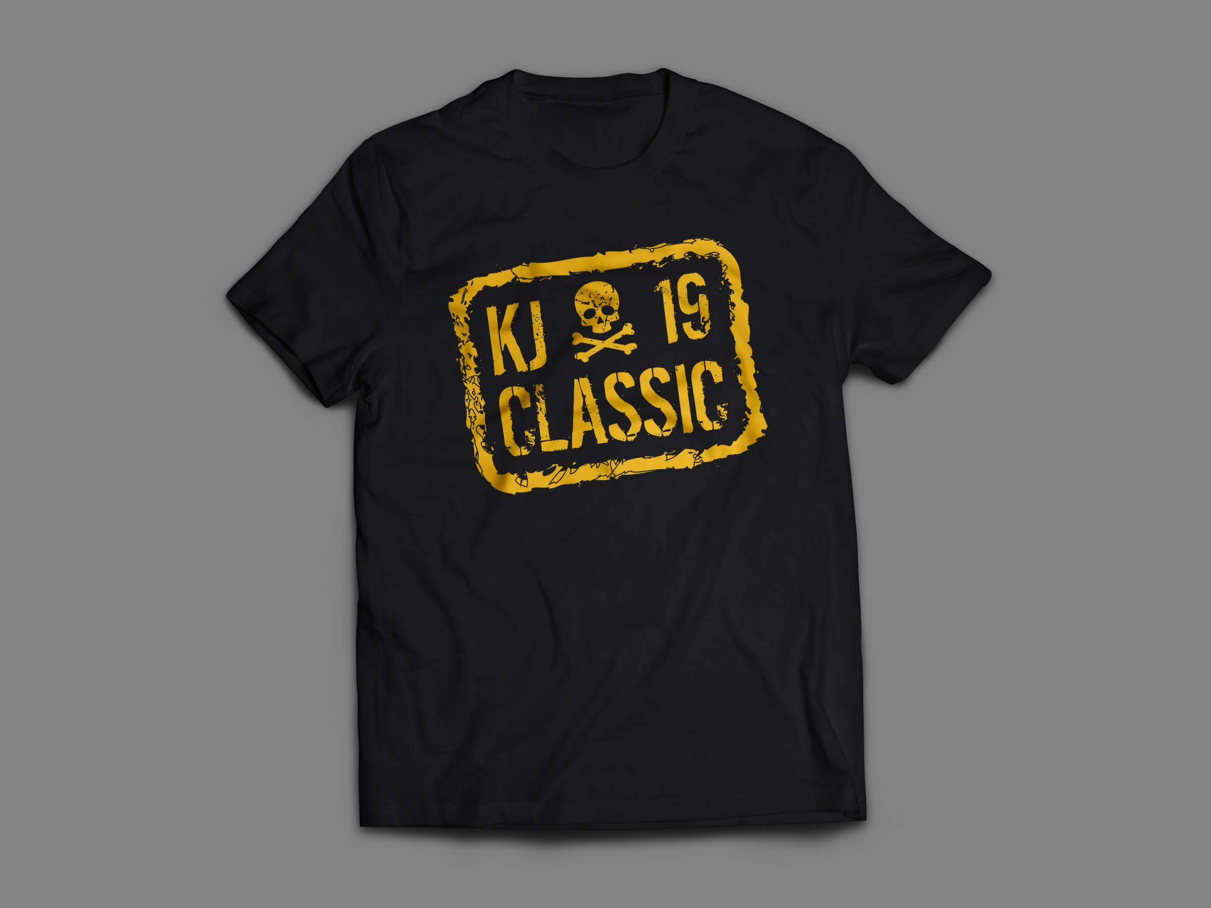 Black T-shirt with yellow ‘KJ 19 CLASSIC’ design