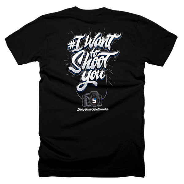 Creative black t-shirt with camera graphic and playful typography