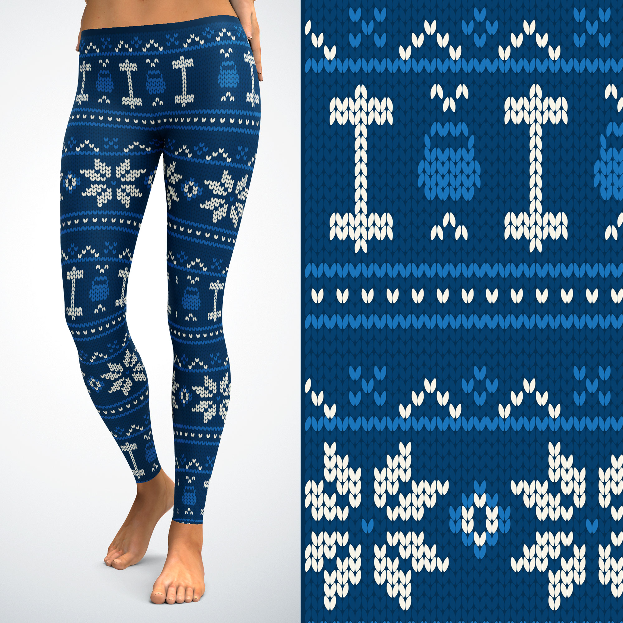 Woman wearing blue, patterned leggings with holiday designs