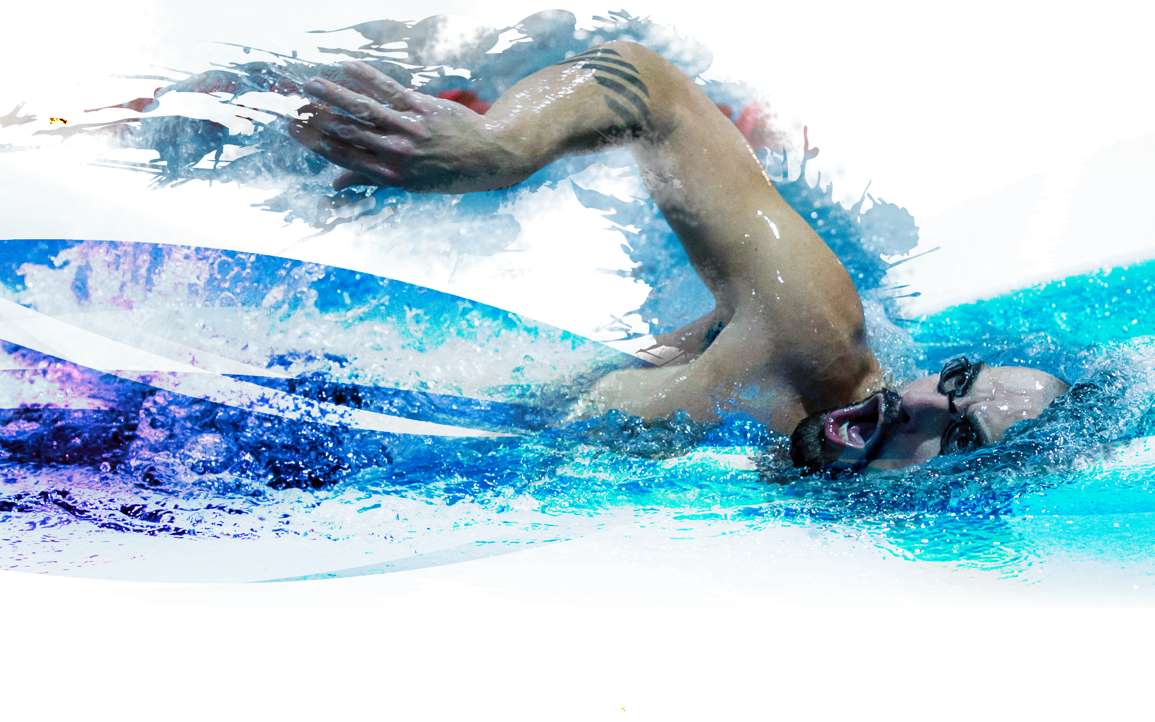 Swimmer in mid-stroke in a vibrant artistic depiction