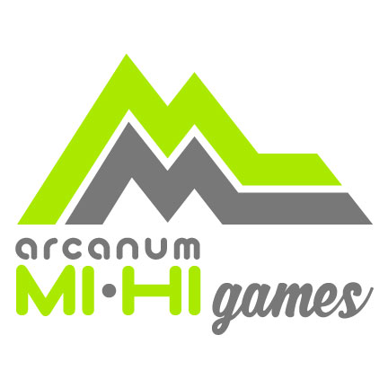 Logo for Arcanum Mi Hi Games featuring bold angular stylized mountains in neon green and grey, representing the Mile High City of Denver. The lines reference racing stripes, hinting at the competition aspect. The text 'Arcanum Mi Hi Games' is in a simple, rounded font.