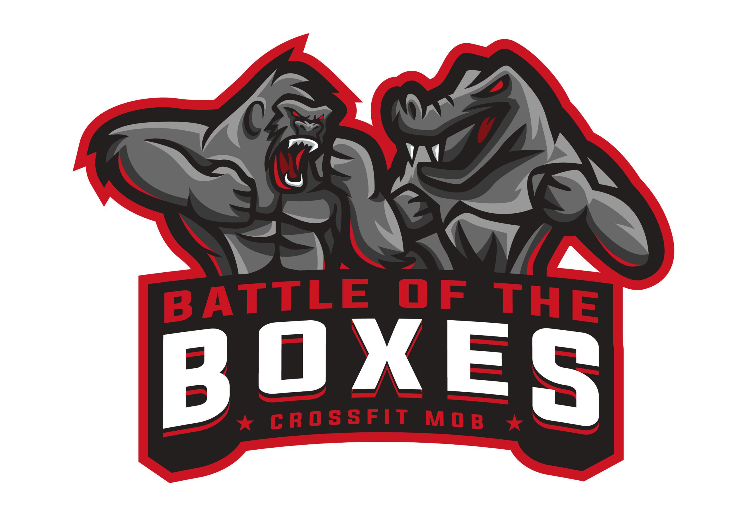 Animated characters resembling a gorilla and an alligator engaged in a playful fight over the words 'Battle of the Boxes,' representing a CrossFit competition held at CrossFit MOB. The characters are depicted in a simple, muscular cartoon style, with colors predominantly in reds, grey, and black.