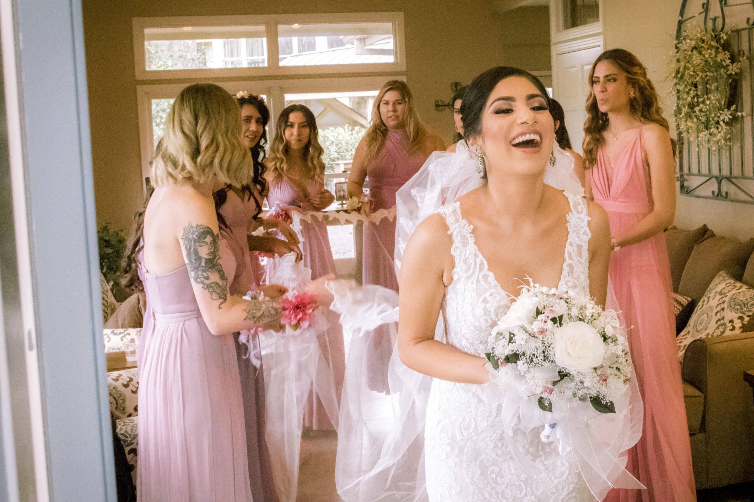 A bride and her bridesmaids preparing for wedding day.