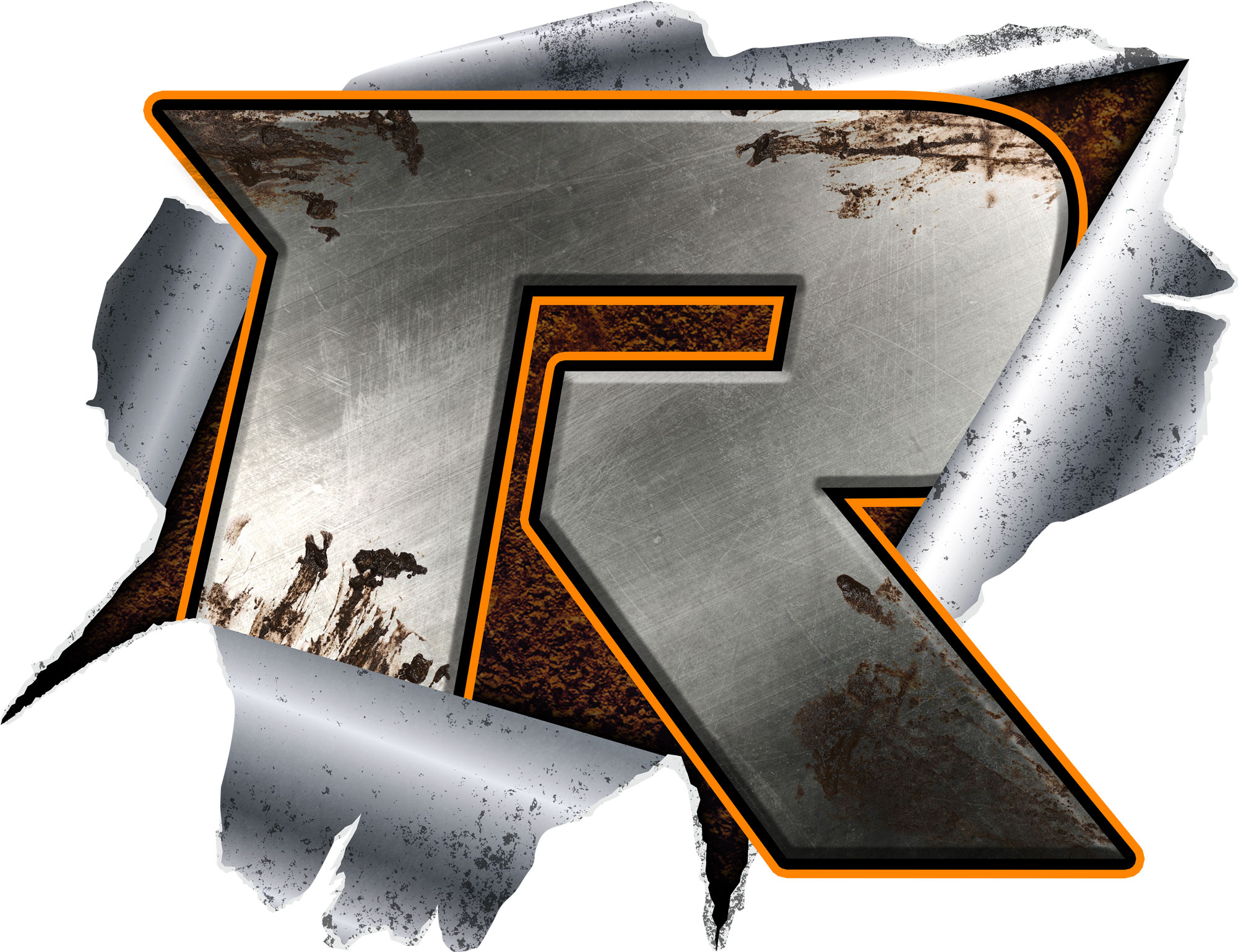 Metallic beveled letter 'R' with a thin orange outline appears to be ripping through a white background, exposing rust and torn metal behind it. The 'R' is the iconic mark for Rusty's Off Road Products company.