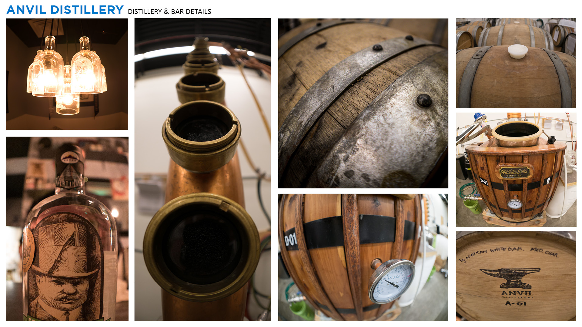 Photo collage showcasing various details of Anvil Distillery's interior