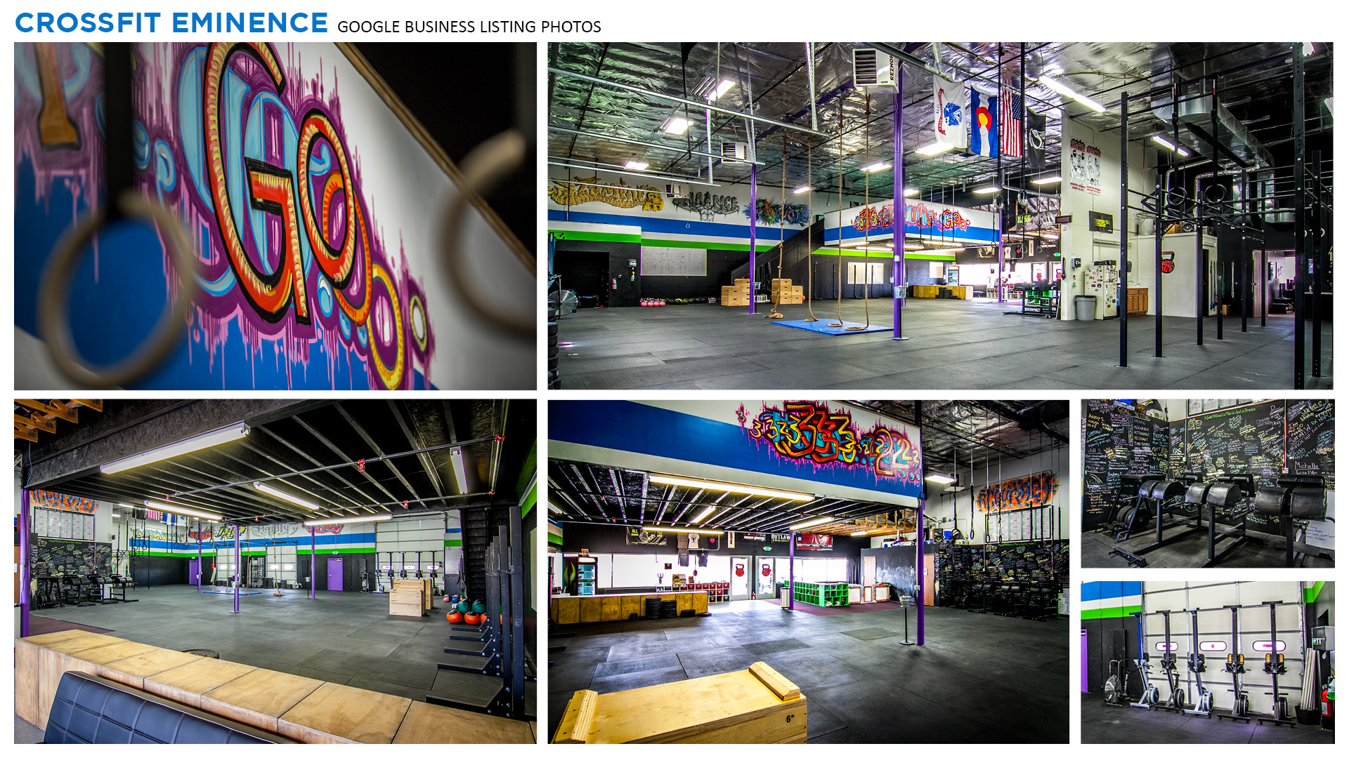 Collage of images showing the interior of CrossFit Eminence gym