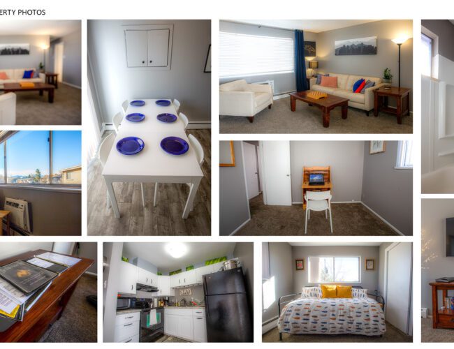 Collage of various interior shots of an Airbnb property.