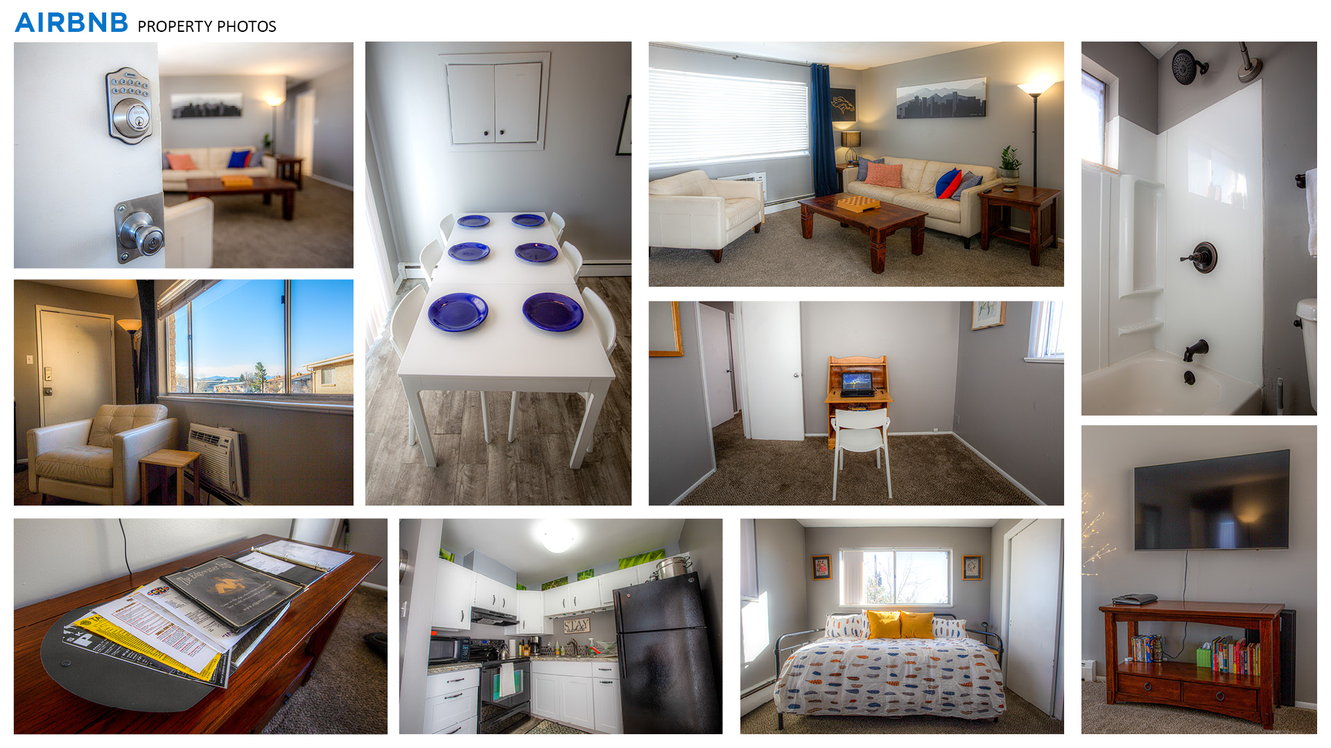 Collage of various interior shots of an Airbnb property.