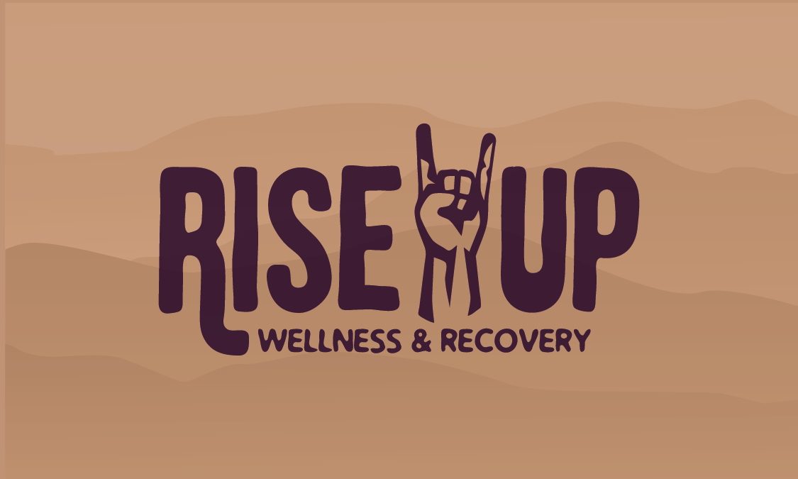 Dark maroon logo for Rise Up Wellness and Recovery featuring a hand making the 'Rock On' gesture between the words 'Rise Up.' The background subtly depicts stylized mountains in shades of brown. The logo reflects the energy of the massage company, emphasizing muscle activation, stress release, and sports massage.