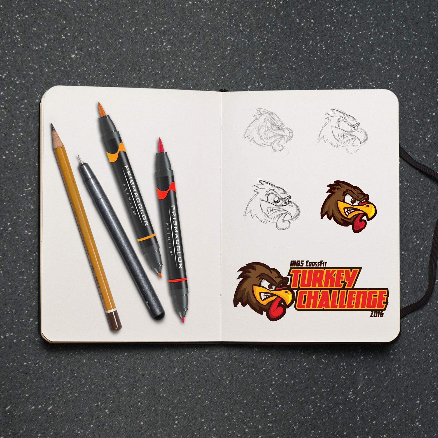 Sketchbook displaying the design refinement process for the Turkey Challenge logo. The sketches progress from rough outlines to a full-color logo at the bottom, featuring browns, oranges, and yellows.