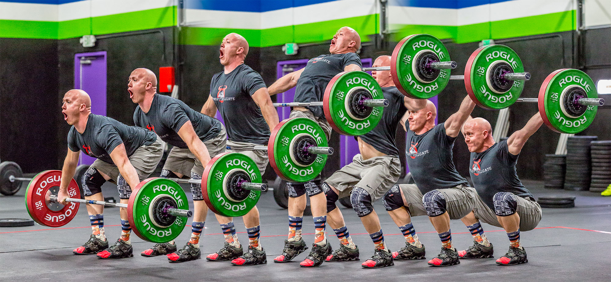 Composite image of a weightlifter performing a snatch lift.