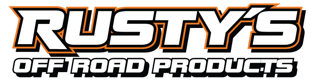 Styled white text reading 'Rusty's Off Road Products' in bold italicized font with an orange outline and black drop shadow. The text is presented on a plain background.