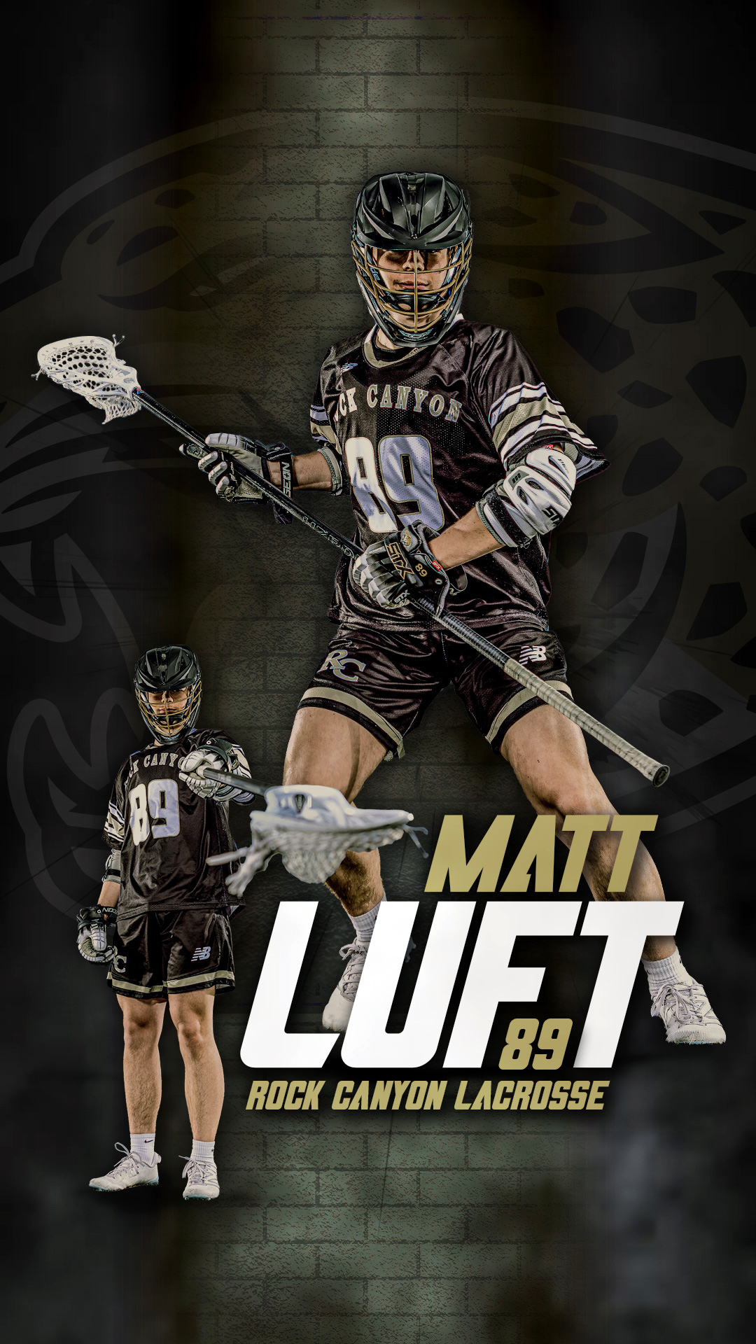 Action shot of Matt Luft, Rock Canyon Lacrosse player, in Centennial Colorado, wearing team uniform and holding lacrosse stick.